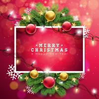 Vector el ejemplo de la Feliz Navidad en fondo rojo con tipografía y guirnalda ligera del día de fiesta, rama del pino, copos de nieve y bola ornamental. Feliz año nuevo diseño.