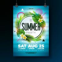 Vector Summer Party Flyer Design with tropical leaves and flower on blue background. Summer nature floral elements. Design template for banner, invitation, event poster.