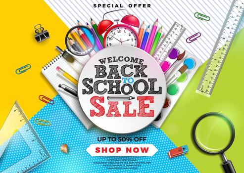 Back to school sale design with colorful pencil, brush and other school items on abstract background. Vector Illustration with Special Offer Typography Elements for Coupon