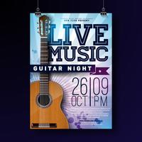 Live music flyer design with acoustic guitar on grunge background. Vector illustration template for invitation poster