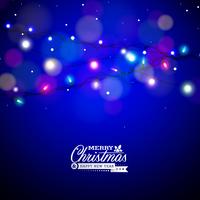 Glowing Colorful Christmas Lights for Xmas Holiday and Happy New Year Greeting Cards Design on Shiny Blue Background.