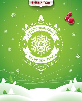 Vector Christmas illustration with typographic design and ribbon on landscape background.