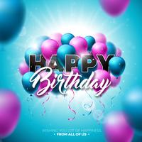 Happy Birthday Vector Design with Balloon, Typography and 3d Element on Shiny Blue Sky Background. Illustration for birthday celebration. greeting cards or poster.