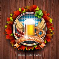 Oktoberfest vector illustration with fresh lager beer on wood texture background. Celebration banner for traditional German beer festival.