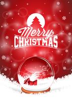 Vector Merry Christmas Holiday illustration with typographic design and magic snow globe 