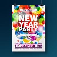 Ejemplo del cartel de la celebración del partido del Año Nuevo con diseño de la tipografía en fondo colorido brillante. Vector EPS 10.