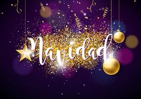 Ilustración de Navidad con la tipografía española Feliz Navidad, bola de cristal, confeti, serpentina y estrella de papel dorada sobre fondo violeta brillante. Diseño creativo para tarjeta de felicitación o cartel. vector