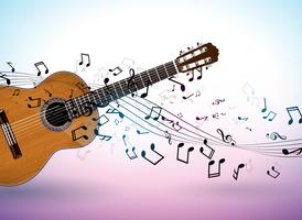 Music banner design with acoustic guitar and falling notes on clean background. Vector illustration template for invitation, party poster, promotional banner, brochure, or greeting card.