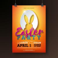 Vector Easter Party Flyer Illustration with rabbit ears in cutting egg silhouette and typography elements on orange background. Spring holiday celebration poster design template.
