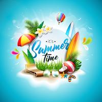 Vector Summer Time Holiday typographic illustration on vintage wood background. Tropical plants, flower, beach ball, surf board, air balloon and sunshade with blue cloudy sky. Design template