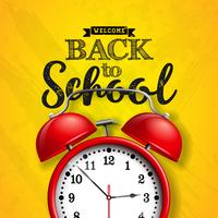 Back to school design with red alarm clock and typography on yellow background. Vector illustration for greeting card, banner, flyer, invitation, brochure or promotional poster.