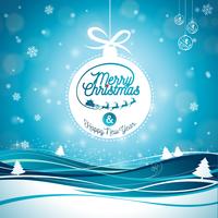 Merry Christmas illustration with typography and ornament decoration on winter landscape background. Vector Christmas holidays flyer or poster design.