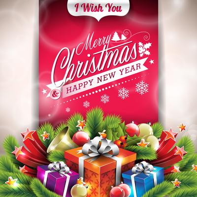 Vector Christmas illustration with typographic design and shiny holiday elements on red background.