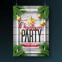 Vector Merry Christmas Party Flyer Design with Holiday Typography Elements and Ornamental Balls on Vintage Wood Background. Premium Celebration Poster Illustration.