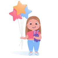 La niña linda celebra la fiesta de cumpleaños con un conejito de juguete y globos de colores vector