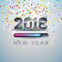 2018 New Year Coming Illustration with 3d Number and Progress Bar on Shiny Confetti Background. Vector Holiday Design for Premium Greeting Card, Party Invitation or Promo Banner.