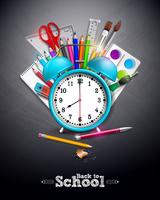 Back to school design with graphite pencil, pen and other school items on yellow background. Vector illustration with alarm clock, chalkboard and typography lettering for greeting card