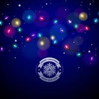 Luces de la Navidad coloridas que brillan intensamente para el diseño de las tarjetas de felicitación del día de fiesta de Navidad y de la Feliz Año Nuevo en fondo azul brillante. vector