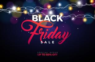 Black Friday Sale Vector Illustration with Lighting Garland on Shiny Background. Promotion Design Template for Banner or Poster.