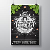 Vector Merry Christmas Party design with holiday typography elements and shiny stars on vintage wood background.