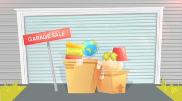 Garage sale, sign with box near a door Outside a house vector