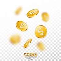 Realistic gold coins illustration on transparent background. Isolated falling coin with dollar sign. Vector success concept design.