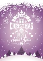 Vector Merry Christmas Holiday and Happy New Year illustration with typographic design and snowflakes on winter landscape background.