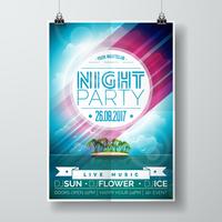 Vector Summer Night Party Flyer Design with paradise island on ocean landscape