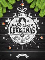 Vector Merry Christmas Holiday and Happy New Year illustration with typographic design and snowflakes on wintage wood background.