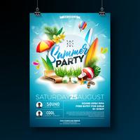 Vector Summer Beach Party Flyer Design with typographic elements on blue cloudy sky background. Summer nature floral elements, tropical plants, flower, beach ball, surf board and sunshade