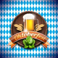 Ejemplo del vector de Oktoberfest con la cerveza de cerveza dorada fresca en fondo blanco azul. Banner de celebración para el tradicional festival de la cerveza alemana.