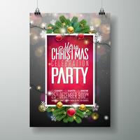Vector Merry Christmas Party Design with Holiday Typography Elements and Ornamental Balls on Vintage Wood Background. Celebration Fliyer Illustration. EPS 10.