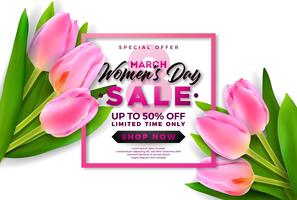 Diseño de la venta del día de las mujeres con la flor colorida hermosa en fondo rosado. vector