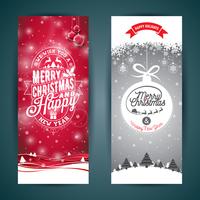Vector Merry Christmas and Happy New Year greeting card illustration with typographic design and snowflakes on winter landscape background.