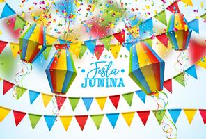 Ejemplo de Festa Junina con las banderas del partido y la linterna de papel en el fondo blanco. Vector Brasil Diseño Festival de junio para la tarjeta de felicitación, invitación o cartel de vacaciones.