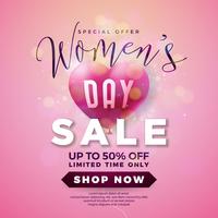 Womens Day Sale Design with Air Balloon Heart on Pink Background vector