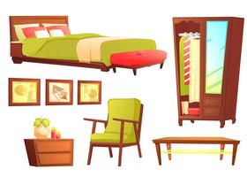 Conjunto de objetos de salón o dormitorio con sofá de cuero y estante de madera.