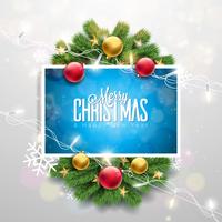 Vector el ejemplo de la Feliz Navidad en fondo rojo brillante con tipografía y guirnalda ligera del día de fiesta, rama del pino, copos de nieve y bola ornamental. Feliz año nuevo diseño.