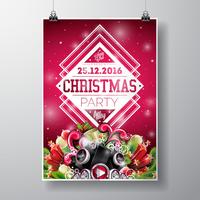 Diseño feliz de la fiesta de Navidad del vector con los elementos y los altavoces de la tipografía del día de fiesta en fondo brillante.