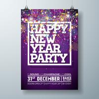 Ejemplo de la plantilla del cartel de la celebración del partido del Año Nuevo con diseño de la tipografía y confeti que cae en fondo colorido brillante. Vector Holiday Premium invitación Flyer o Promo Banner.