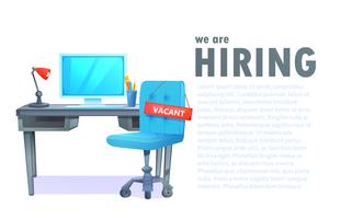 We are hiring banner with office workspace and sign vacant and inscription vector