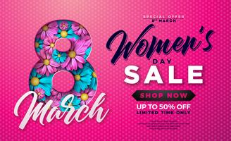 Diseño de la venta del día de las mujeres con la flor colorida hermosa en fondo rosado vector