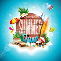 Vector Summer Time Holiday typographic illustration on vintage wood background.