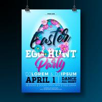 Vector Easter Egg Hunt Party Flyer Illustration with flowers in cutting egg silhouette 