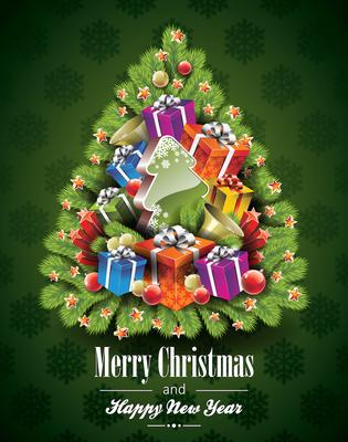 Vector Christmas illustration with magic tree and holiday elements