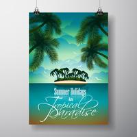 Vector Summer Holiday Flyer Design with palm trees and Paradise Island 