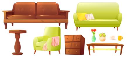 Conjunto de objetos de salón o dormitorio con sofá de cuero y estante de madera. vector