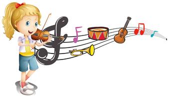 Girl playing violin with music notes in background vector
