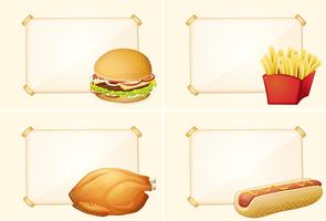 Four border templates with different fastfood meals vector