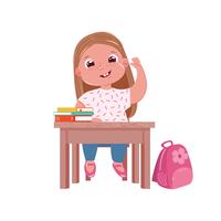 Un pequeño personaje de niña linda en el escritorio en la lección. Colegiala va a estudiar en la escuela secundaria. Libros y bolso rosa dulce. vector